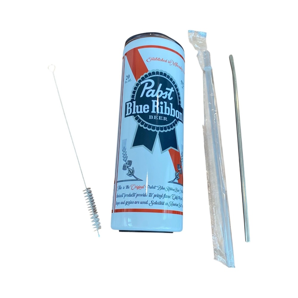 Pabst Blue Ribbon Beer‎ 20oz Stainless Steel Skinny Tumbler Straw Brush Included